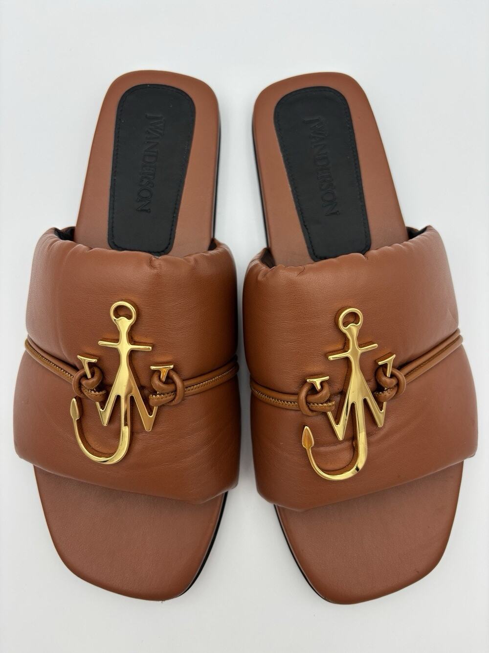 JW Anderson Anchor Logo Slides Flat Sandals Brown Leather Size 38.5 / 8 Gold